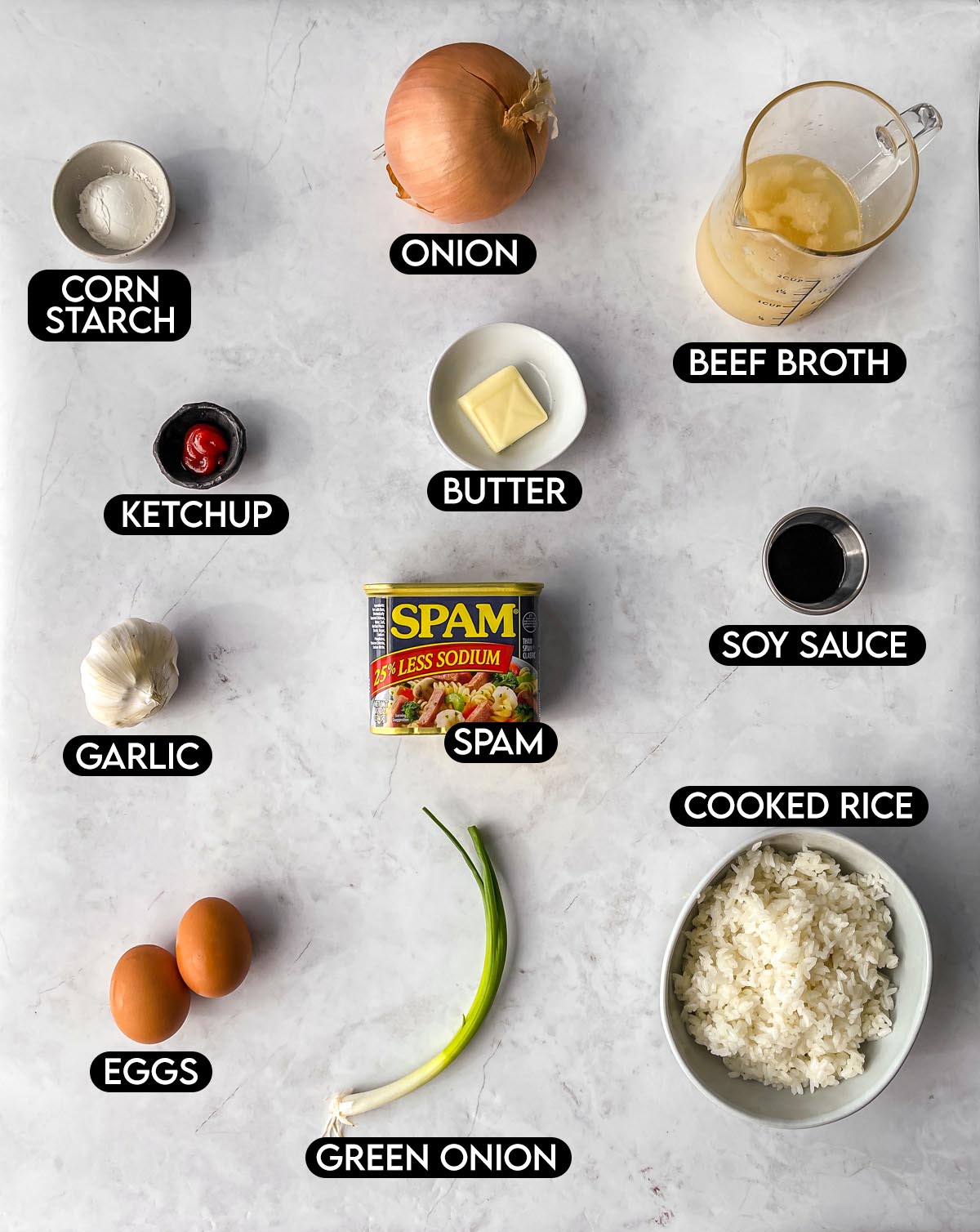 Labeled ingredients for Spam Loco Moco.