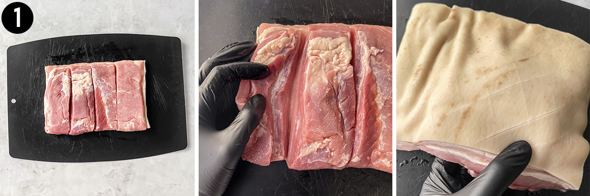 How to make cuts into the meat and skin of pork belly.