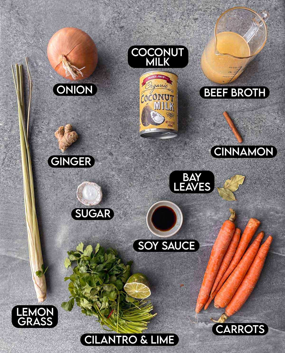 Labeled ingredients needed for Vietnamese beef stew.