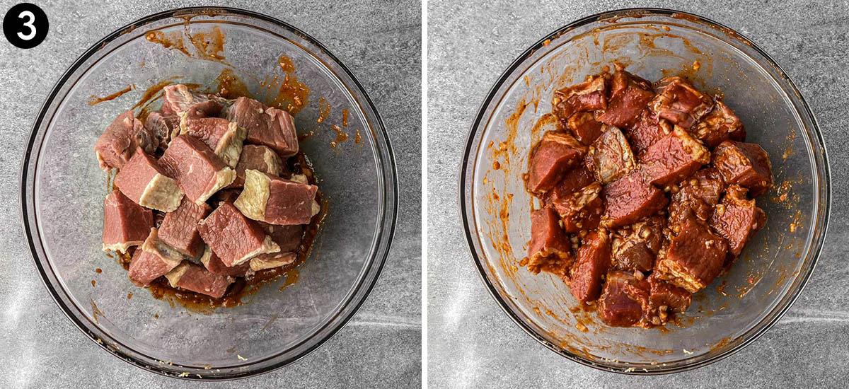 Marinading beef in a bowl.