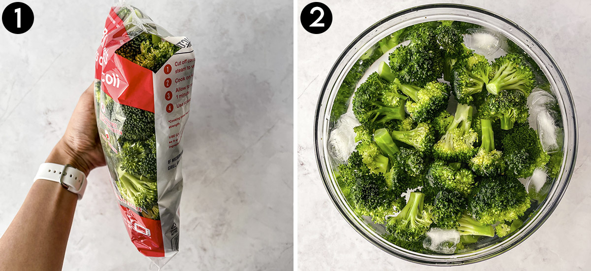 Steaming broccoli in the bag and placing it in ice bath.