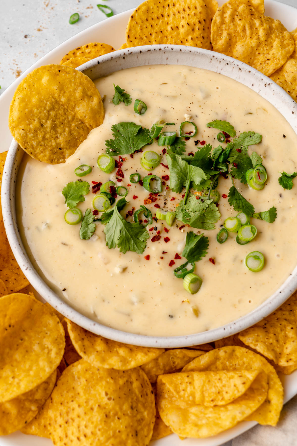 Close of bowl of Monterey Jack queso with a chip in it.