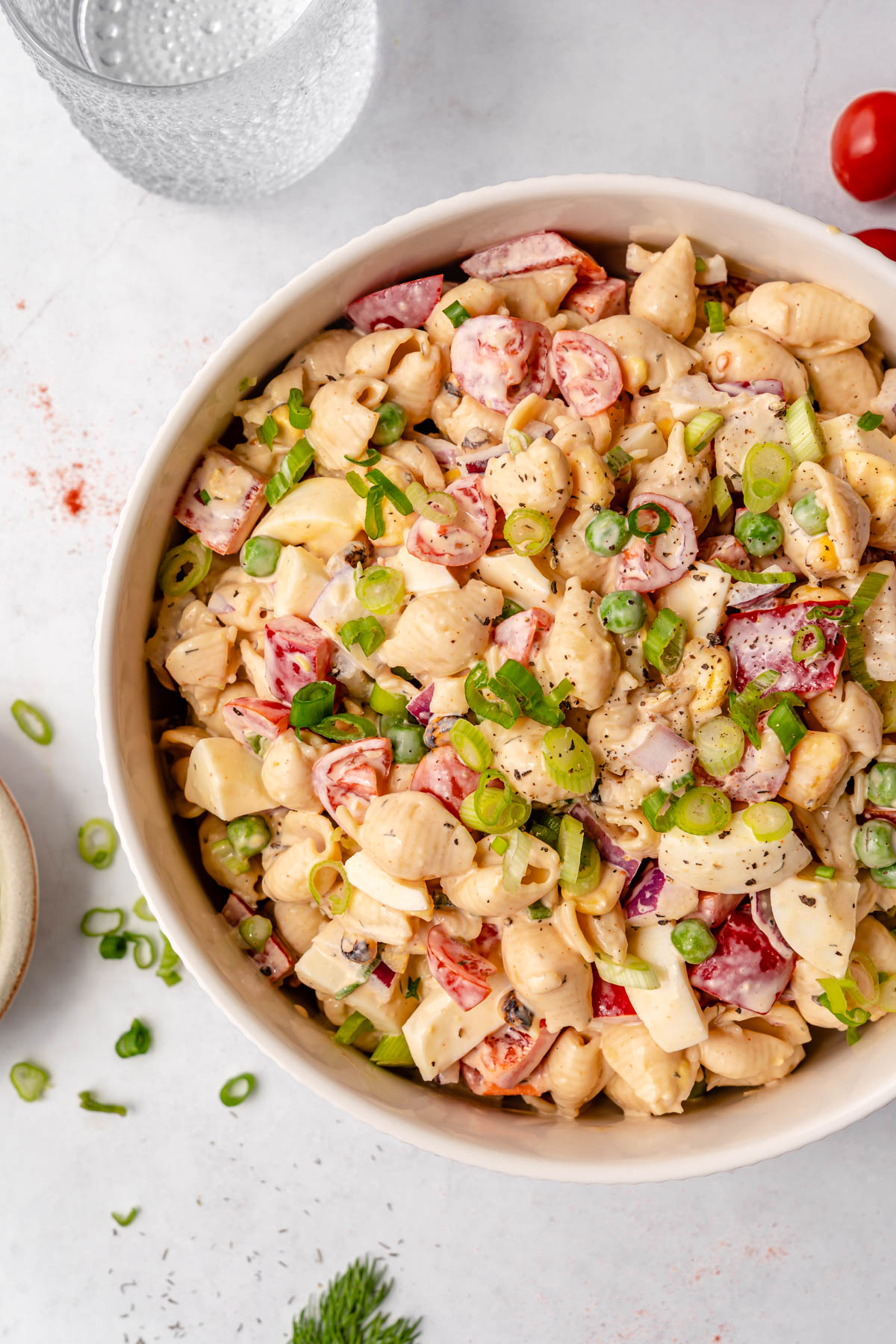 Chickpea Pasta Salad in a white serving bowl.
