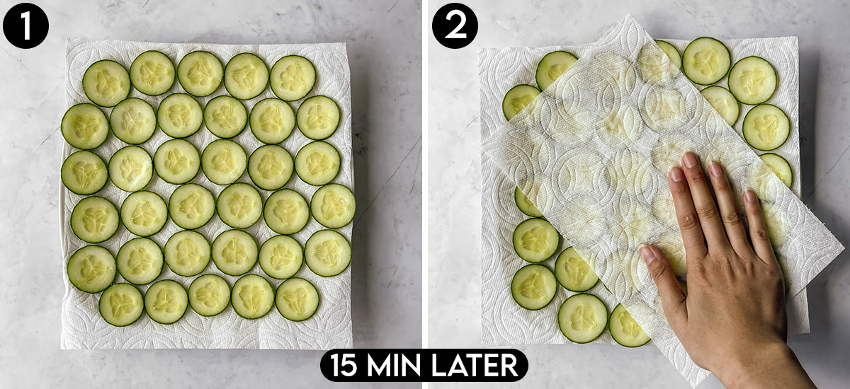 Salting and blotting sliced cucumbers.