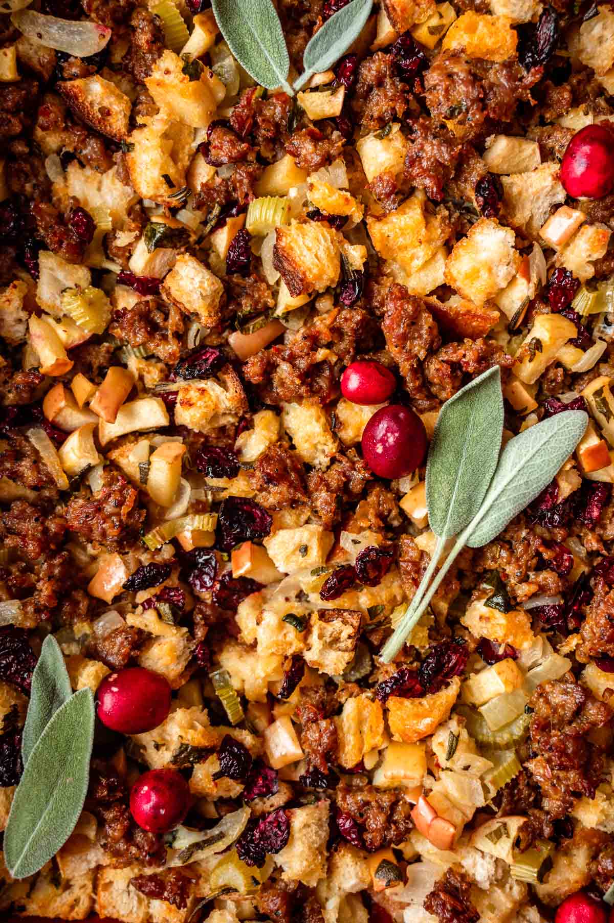 Close up and zoomed view   of Sausage Apple Cranberry Stuffing.